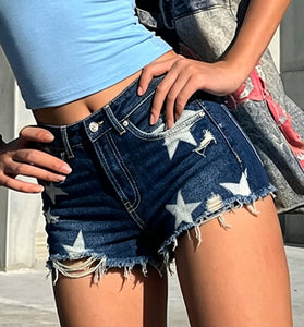 Star Print Distressed Denim Shorts