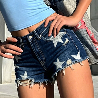 Star Print Distressed Denim Shorts