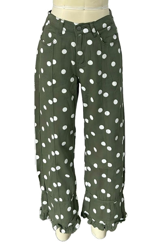 Polka Dot Ruffle Hem Baggy Jeans