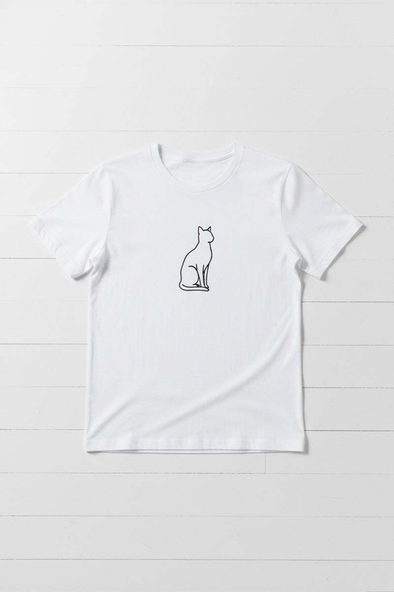 Minimal Cat Outline Embroidered T-Shirt