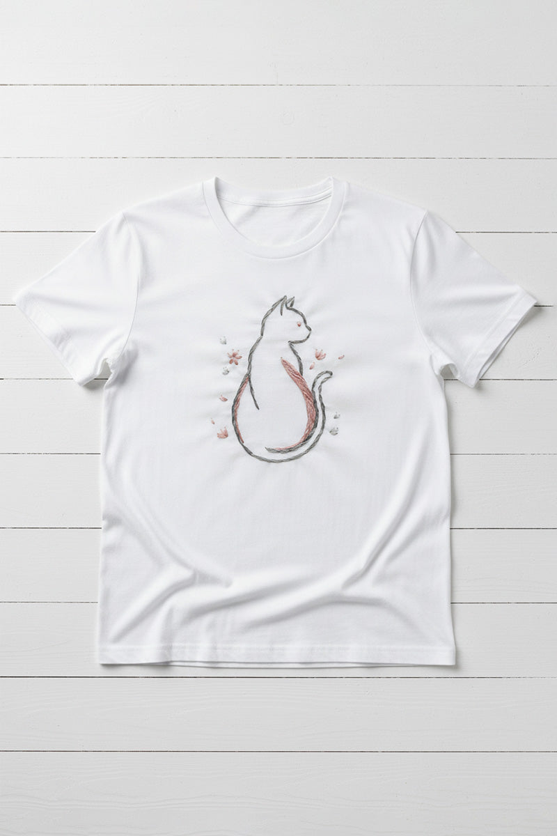 Graceful Cat Embroidered T-Shirt