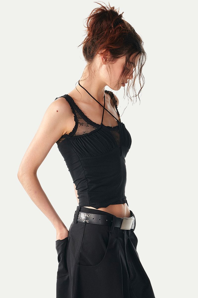 Sheer Lace Panel Strappy Cami Top