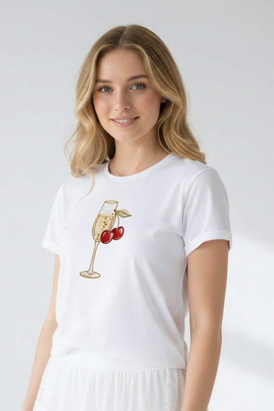 Cherry Champagne Embroidered T-Shirt