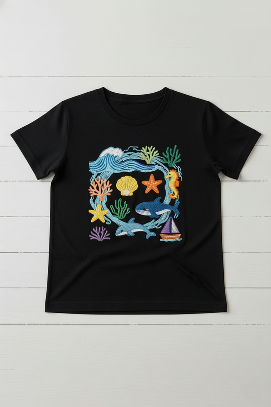 Sea Life Mosaic Embroidered T-Shirt