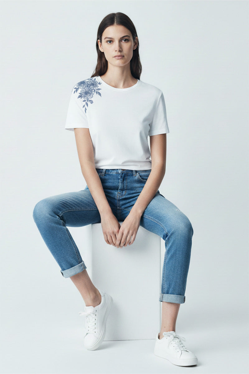 Floral Shoulder Embroidered T-Shirt