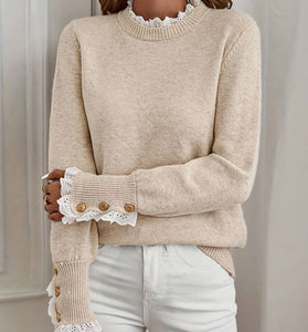 Elegant Lace Trim Sweater with Button Cuffs