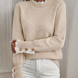 Elegant Lace Trim Sweater with Button Cuffs