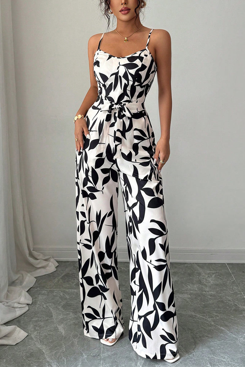Leaf Print Spaghetti Strap Jumpsuit