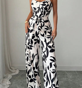 Leaf Print Spaghetti Strap Jumpsuit