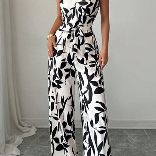 Leaf Print Spaghetti Strap Jumpsuit