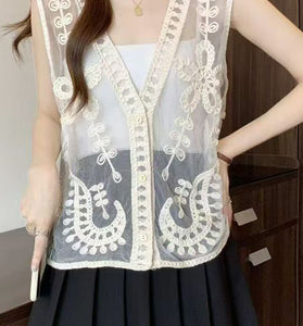 Patterned Sheer Sleeveless Vest