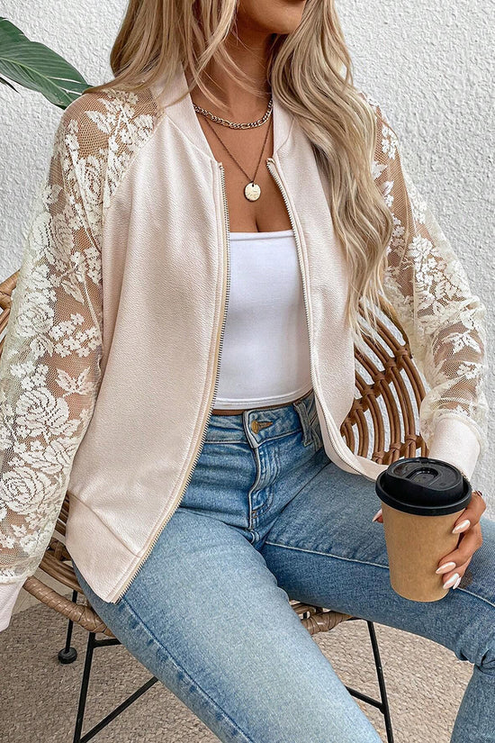 Lace Sleeve Zipper Jacket