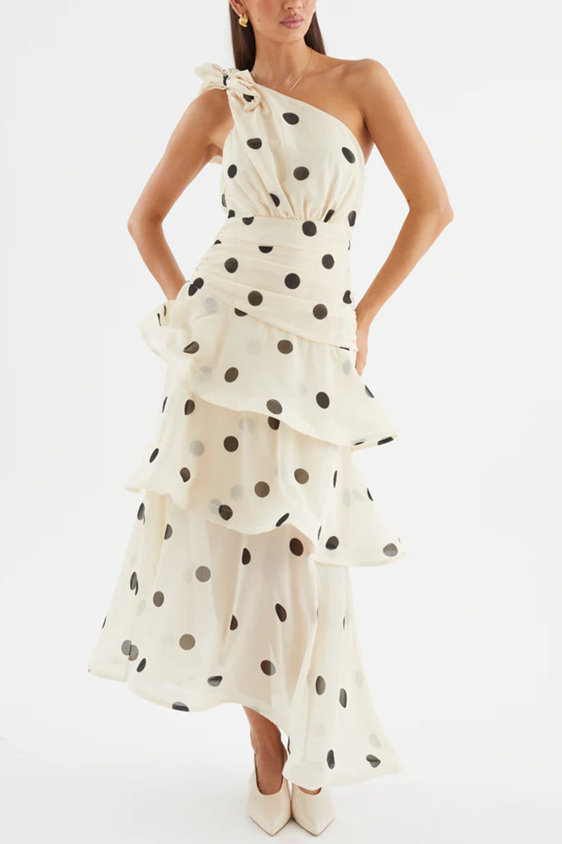 Polka Dot One-Shoulder Maxi Dress