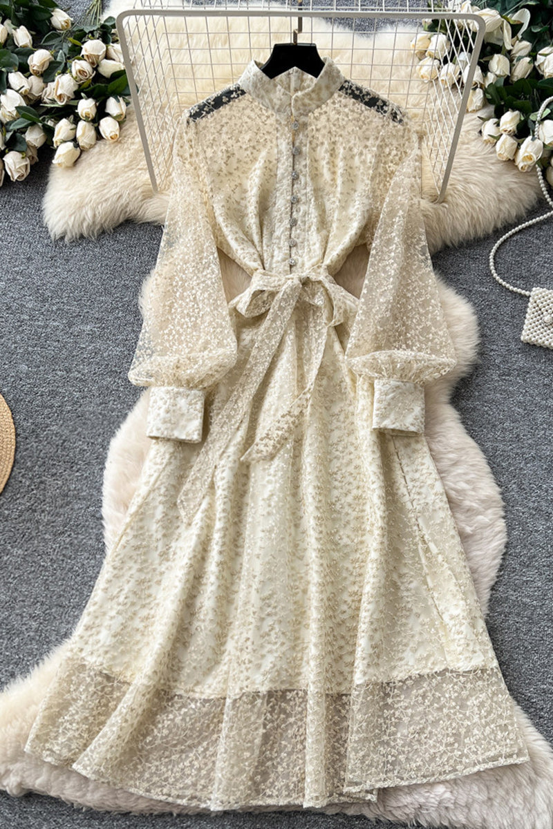 Elegant Long Sleeve Tie Waist Dress