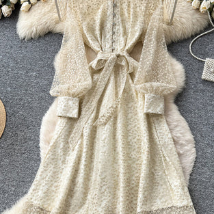 Elegant Long Sleeve Tie Waist Dress