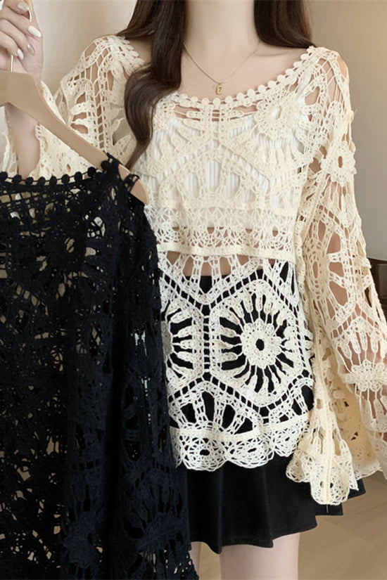 Crochet Hollow Bell Sleeve Knit Cover Up