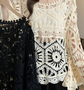 Crochet Hollow Bell Sleeve Knit Cover Up