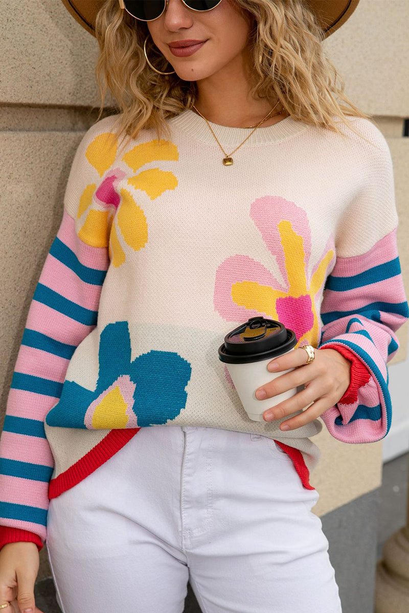 Floral Patterned Crew Neck Sweater