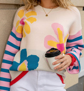 Floral Patterned Crew Neck Sweater