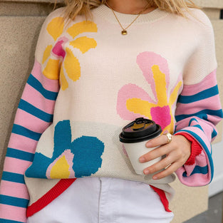 Floral Patterned Crew Neck Sweater