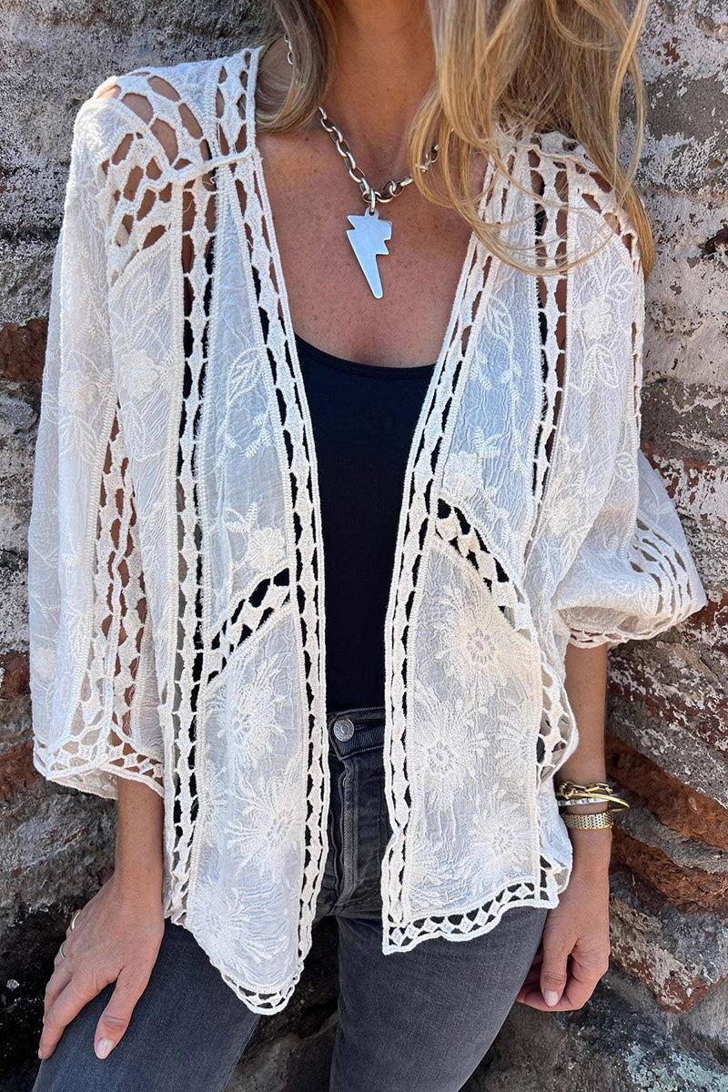Elegant Openwork Lace Kimono Blouse