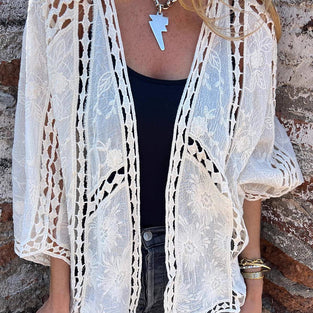 Elegant Openwork Lace Kimono Blouse