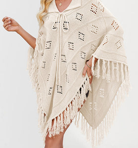 Fringe Knit Cardigan Poncho with Tie Neck
