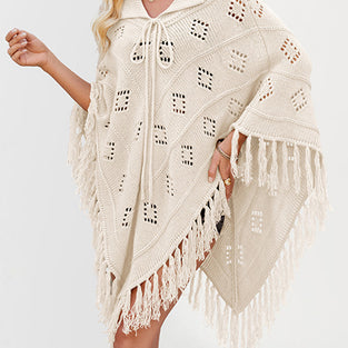 Fringe Knit Cardigan Poncho with Tie Neck