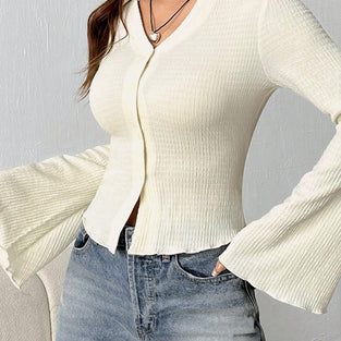 Elegant Flare Sleeve Button-Up Blouse