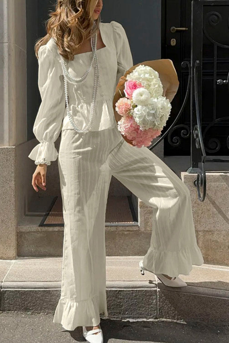 Elegant Ruffle Trim Button Pants Set