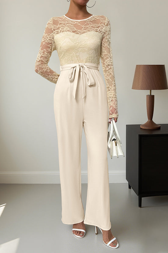 Lace Long Sleeve Tie Waist Jumpsuit
