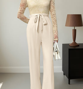 Lace Long Sleeve Tie Waist Jumpsuit