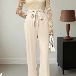 Lace Long Sleeve Tie Waist Jumpsuit