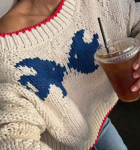 Oversized Knit Sweater with Red Trim