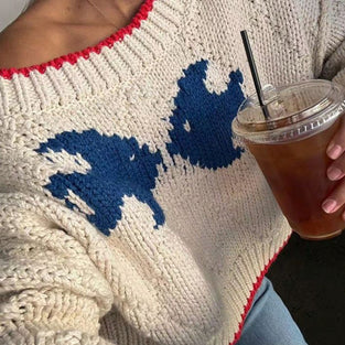 Oversized Knit Sweater with Red Trim