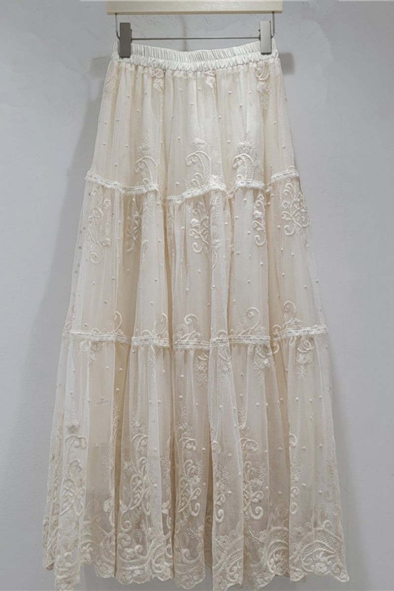Elegant Lace Tiered Midi Skirt