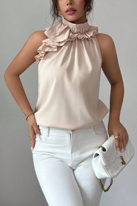 Ruffled High Neck Sleeveless Blouse