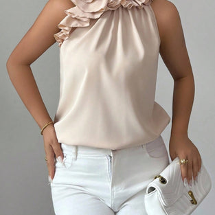 Ruffled High Neck Sleeveless Blouse