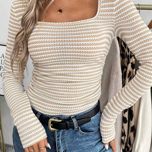 Square Neck Striped Long Sleeve Tee