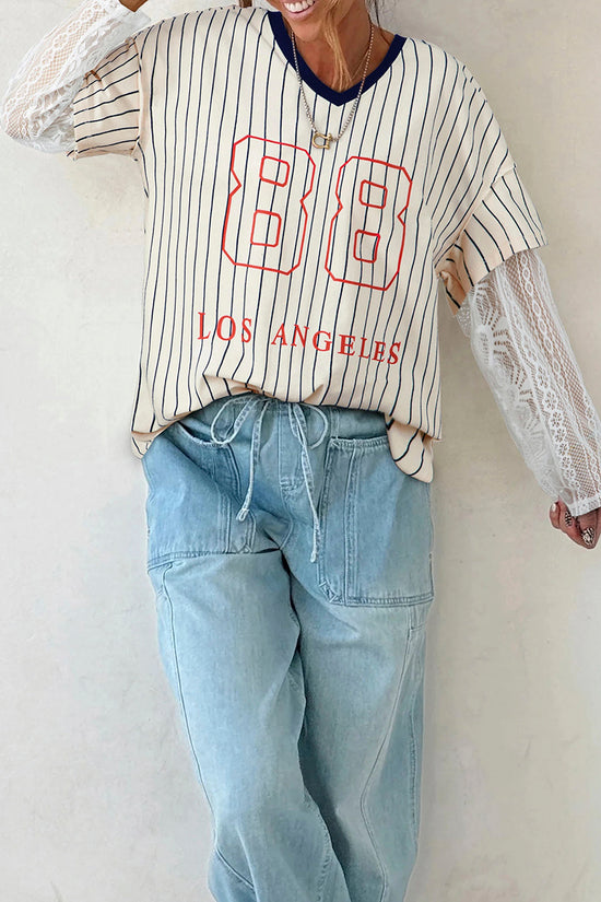 Graphic Lace Faux Two Piece V Neck Top