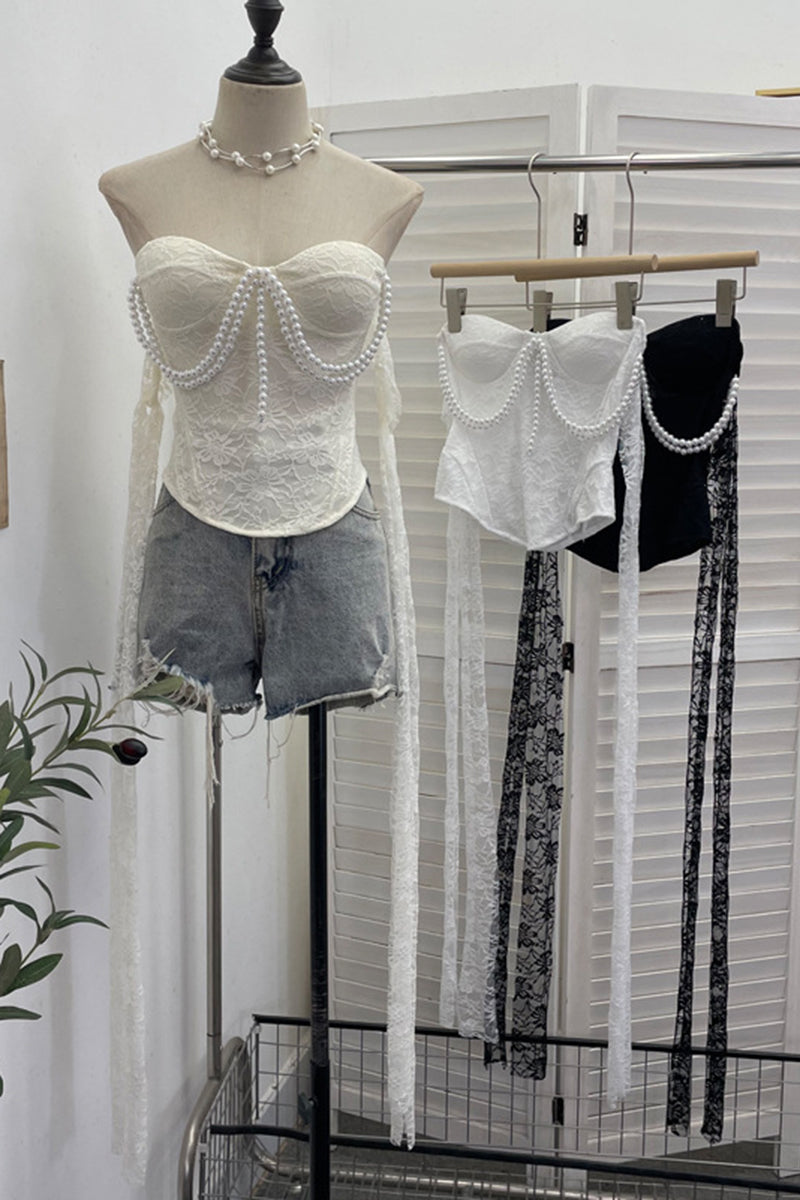 Pearl Embellished Sleeveless Lace Tank