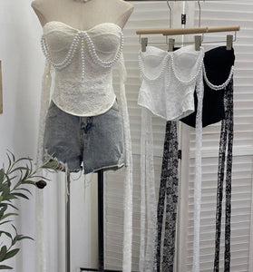 Pearl Embellished Sleeveless Lace Tank