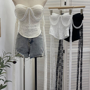 Pearl Embellished Sleeveless Lace Tank