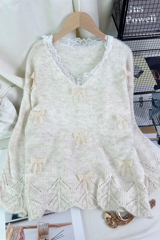 Bow Accent Lace Trim Sweater