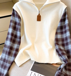 Zip-Up Plaid Patchwork Sweatshirt