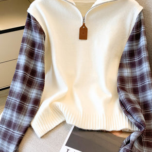 Zip-Up Plaid Patchwork Sweatshirt