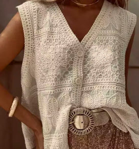 Sleeveless V-Neck Buttoned Crochet Tank