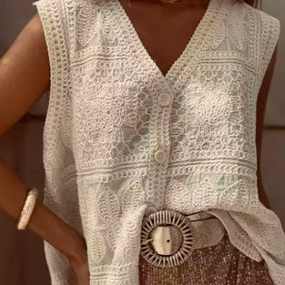 Sleeveless V-Neck Buttoned Crochet Tank