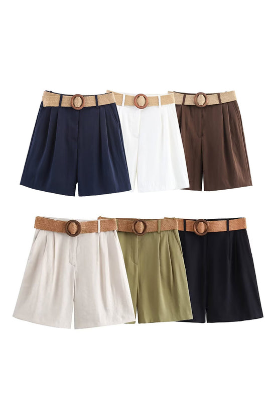 Pleated Casual Shorts with Woven Belt