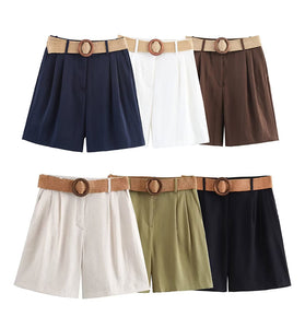 Pleated Casual Shorts with Woven Belt